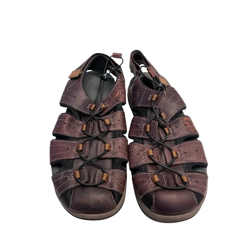 New CLARK'S Sz 13 Brixby Cove Dark Brown Leather Fisherman Sandals Pls Read Flaw